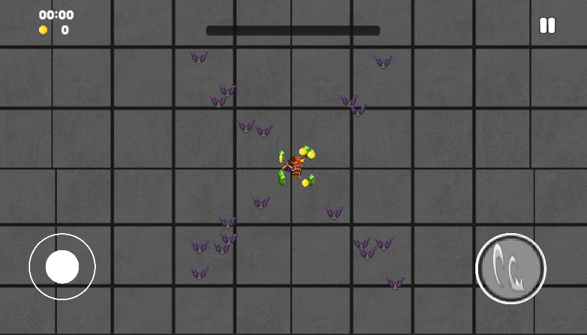 In-game view: the warrior surrounded by enemies, twin on-screen joysticks, run timer up top